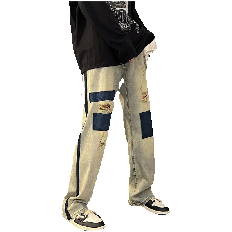 Summer Blue Ripped Baggy Jeans Men Fashion Casual Hole Straight Jeans Men Streetwear Hip Hop Loose Denim Pants Mens Trousers