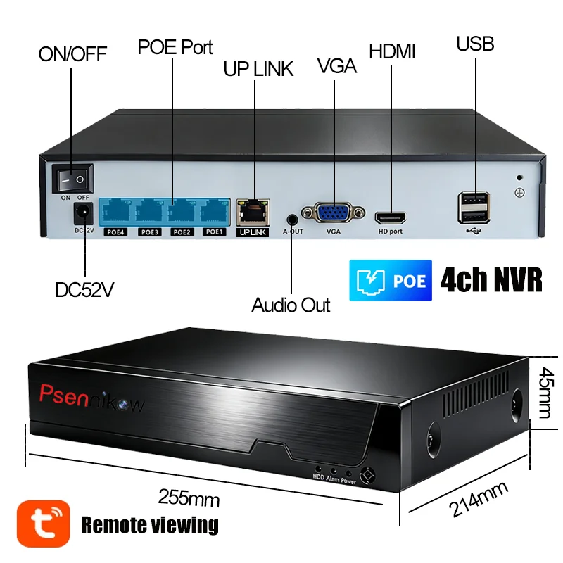 Фото Видеорегистратор Tuya NVR H.265 4-канальный Smart PoE для систем видеонаблюдения 8 МП, удаленный просмотр, сетевой рекордер №1