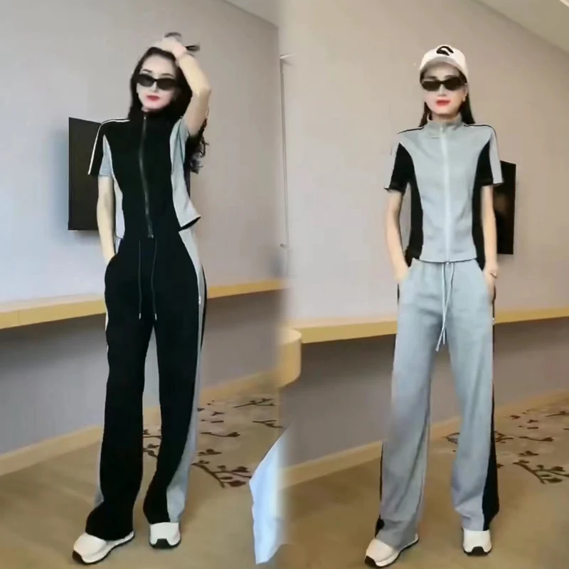 

Cotton Women Sport Suit Tracksuit Outfit Loose Korean Jacket Sweater Wide Leg Long Pant Running Jogger Fitness Gym Workout Set