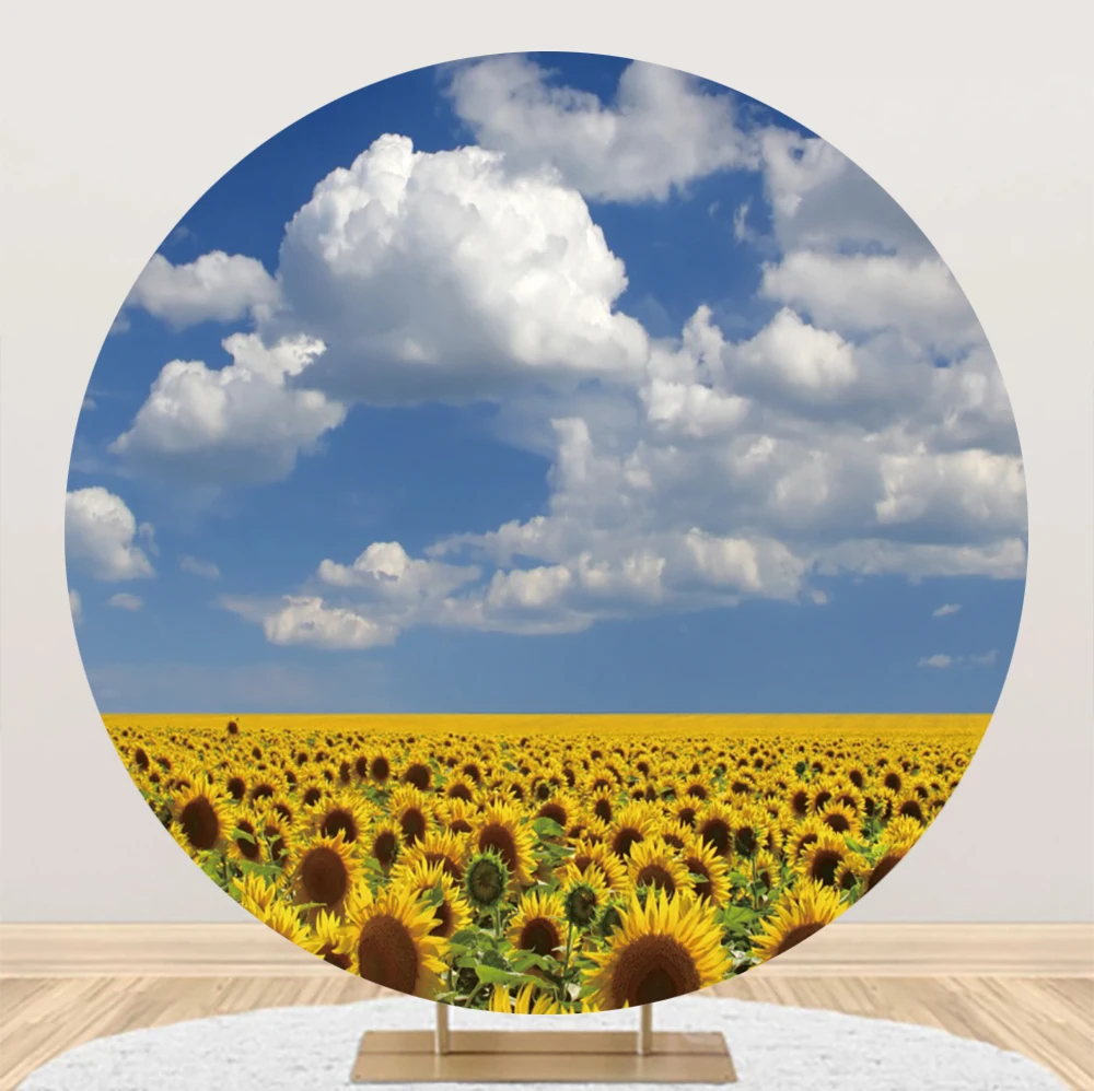 

Laeacco Sunflower Field Round Backdrop Nature Yellow Flower Blue Sky and White Clouds Kids Adult Portrait Photography Background