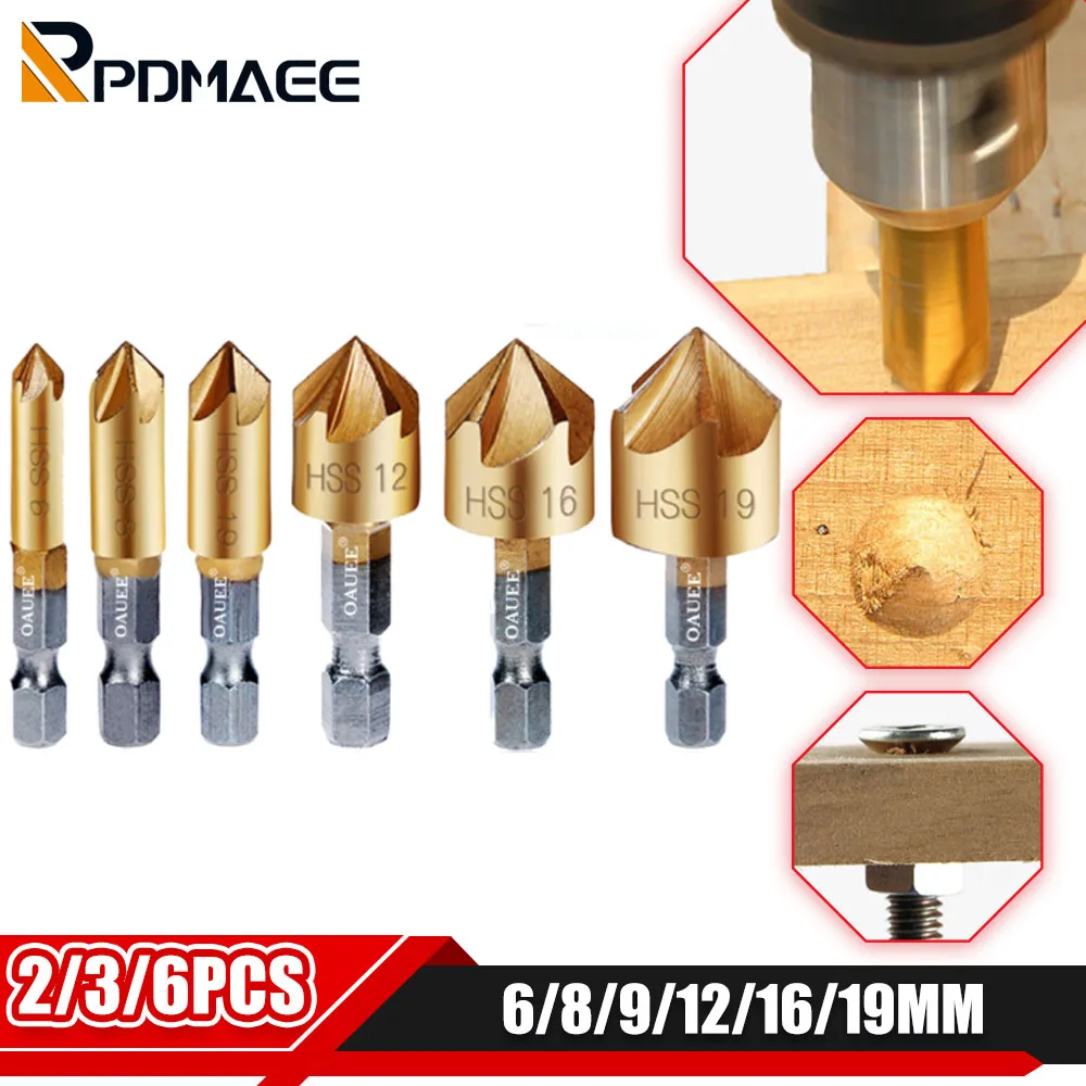 

2/3/6PCS Counter Sink Drill Bit Set 1/4'' Hex Shank HSS 5 Flute Countersink 90 Degree Wood Chamfering Cutter Chamfer 6mm-19mm