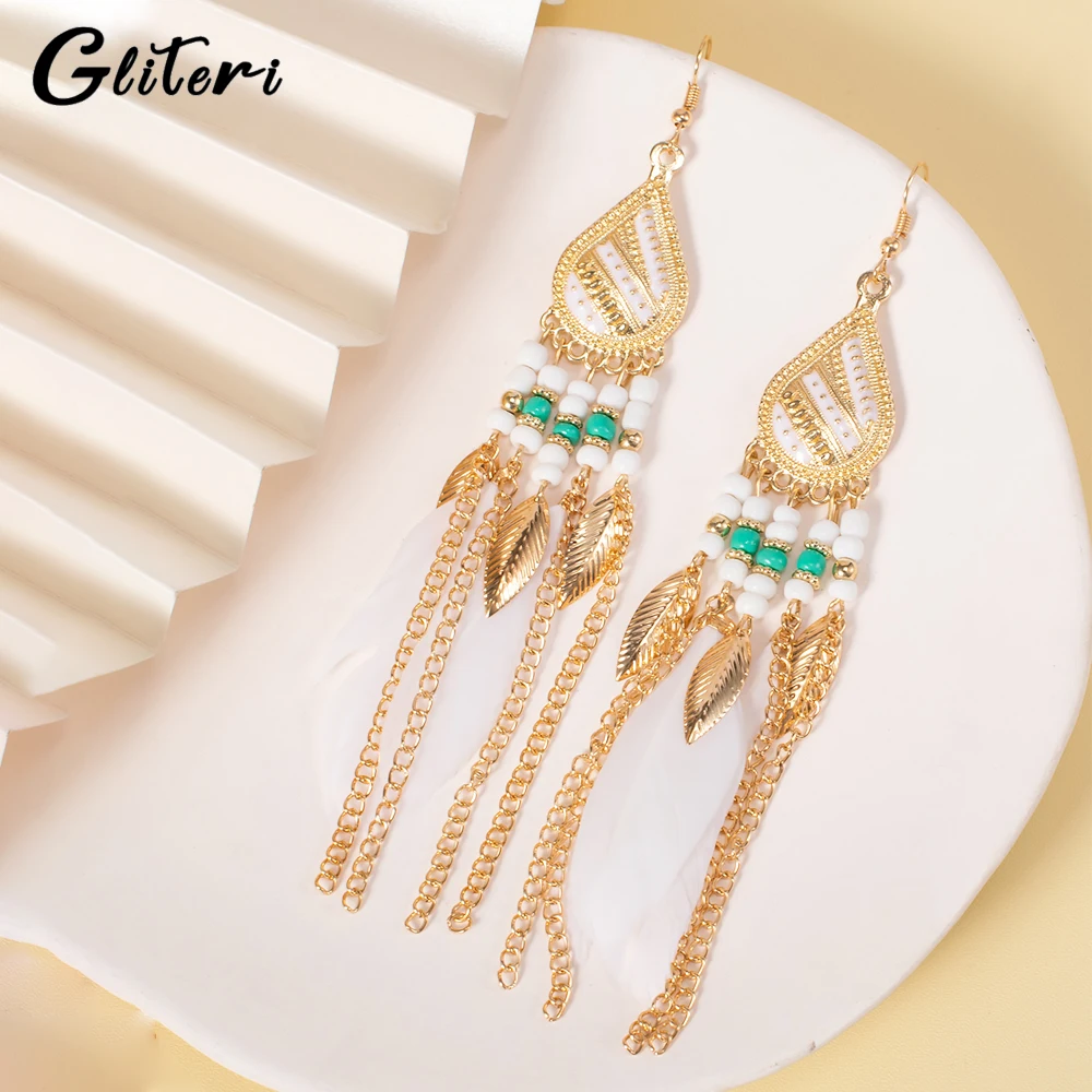 GEITERI Bohemia Water Drop Feather Tassels Earrings For Women Girls Classic Gold Color Beads Drop Earring Jewelry Party Gifts