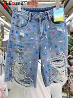 european new ladies fashion color diamond ripped denim shorts 2022 summer womens new high waist loose streetwear short jeans