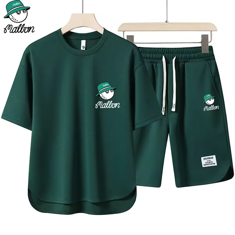 Summer New Men's 2-Piece T-shirt +Shorts Sportswear Fashion Malbon Printing Loose Harajuku Style Street Apparel Casual Golf Set