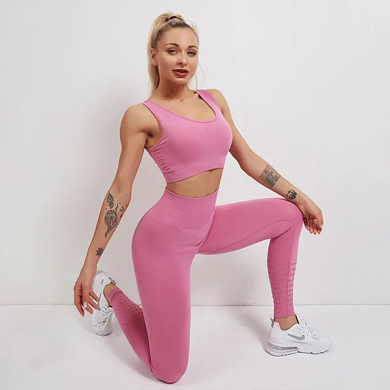 Seamless Yoga Set Hollow Out Striped Sportswear Fitness Workout Outfit Sports Set Double Bra Running Sport Suit Gym Clothing