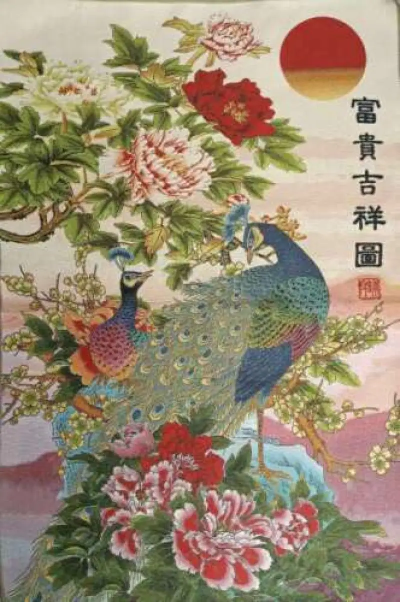 

36Chinese Cloth Silk Pretty Flower Peony Peacock Lucky Thangka Painting Mural