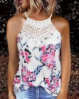 2022 women summer tank top lace patch floral print vest sexy hollow crew neck sleeveless fashion all match cami tops casual tee