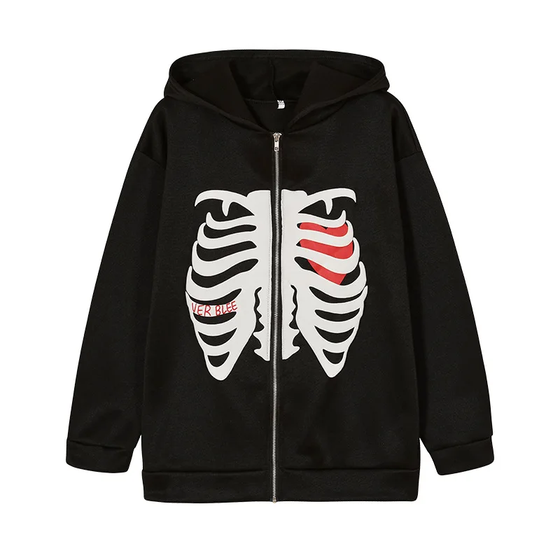 Loose Streetwear Fashion Skeleton Printing Anime Men Women Long-sleeved Zipper Hoodie Jacket Pullover Y2k Kawaii Gothic 2022