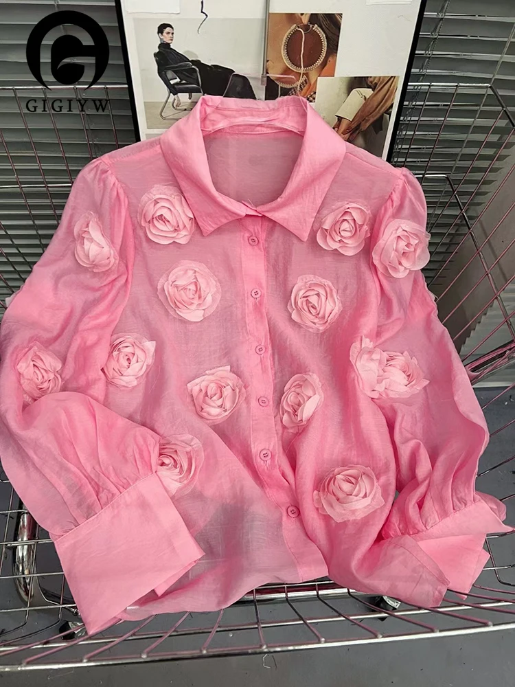 

GIGIYW Solid Floral Blouse Women Lapel Long Sleeves Spliced Single Breasted Shirt Female Fashion Style 2023 Spring New