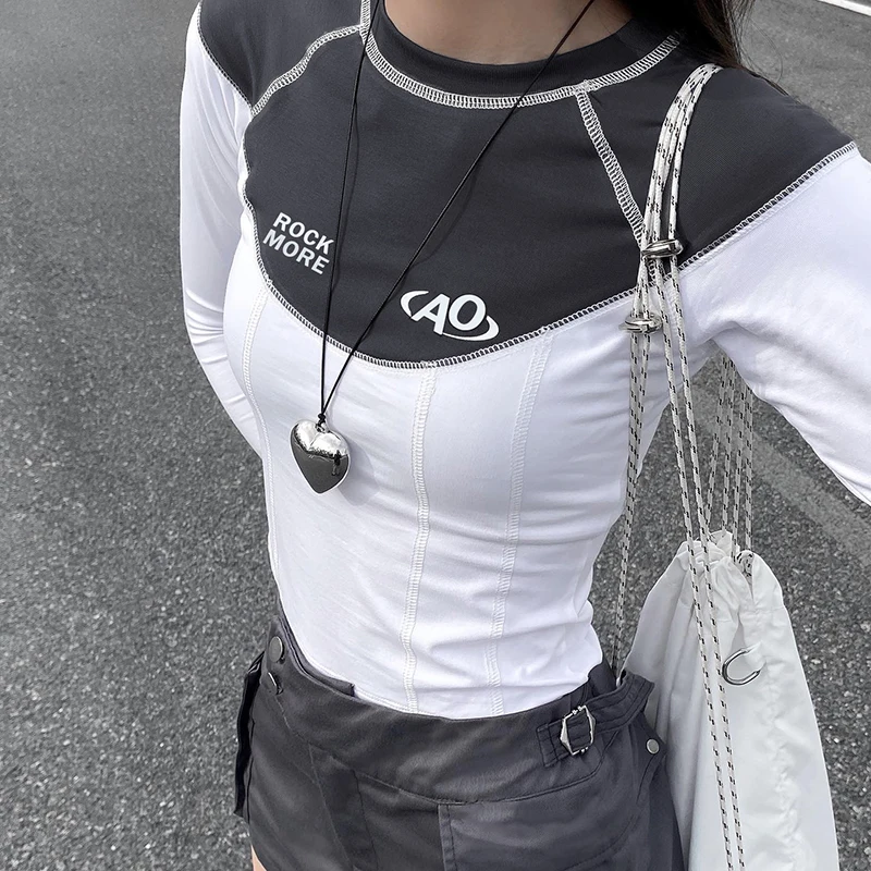 

Patchwork Contrast Color Letter Print Tee Shirts Sweet Cool Y2k Aesthetic T-shirt Harajuku Long Sleeve Punk Crop Top Outerwear