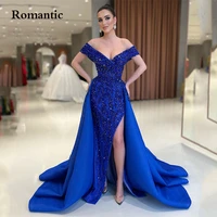 romantic prom gowns a line royal blue glitter lace off the shoulder long evening dresses attachable overskirt prom party dress