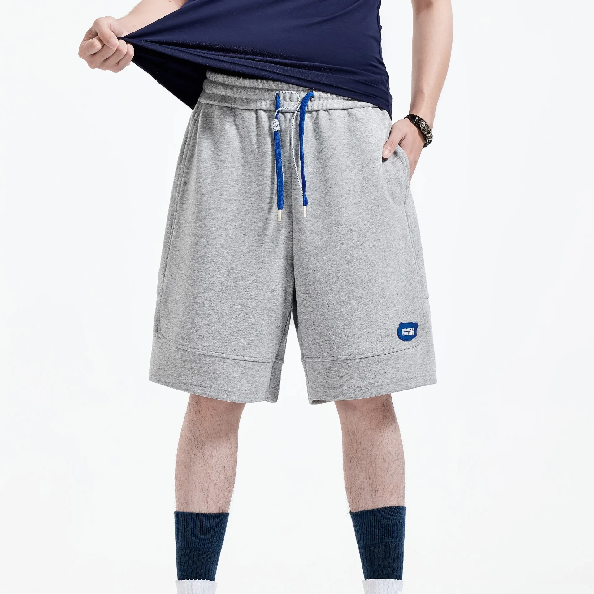 

PINLI High Quality Summer Men's Casual Shorts Five Pants Solid Color Loose Comfortable Cotton Drawstring Black Sports Shorts