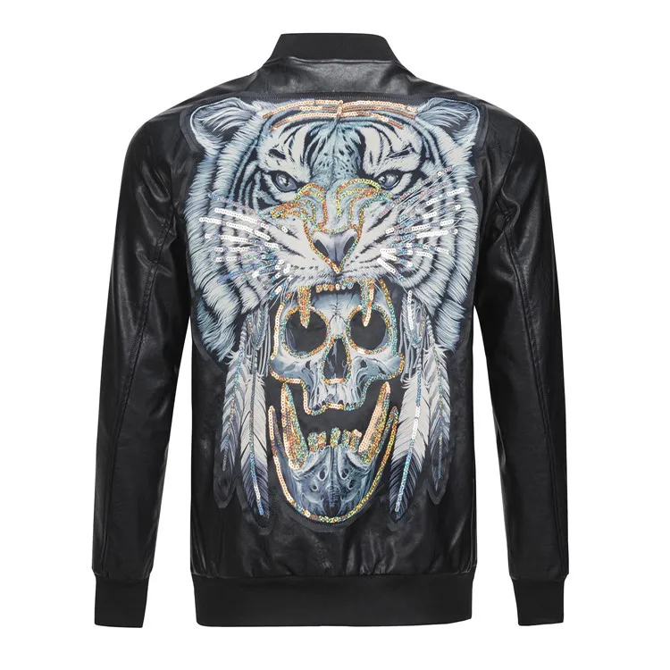 

PIED PLEIN Men's Faux Leather Bomber Jacket Tiger Skull Casual Fall Winter Jackets and Coats Locomotive Outwea