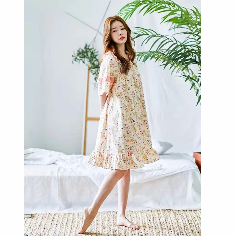 Women's Cotton Nightdress Sexy Flower Lace Nightgown O-Neck Full Sleeve Cute Summer Casual Nightwear Fashion Clothes Big Size