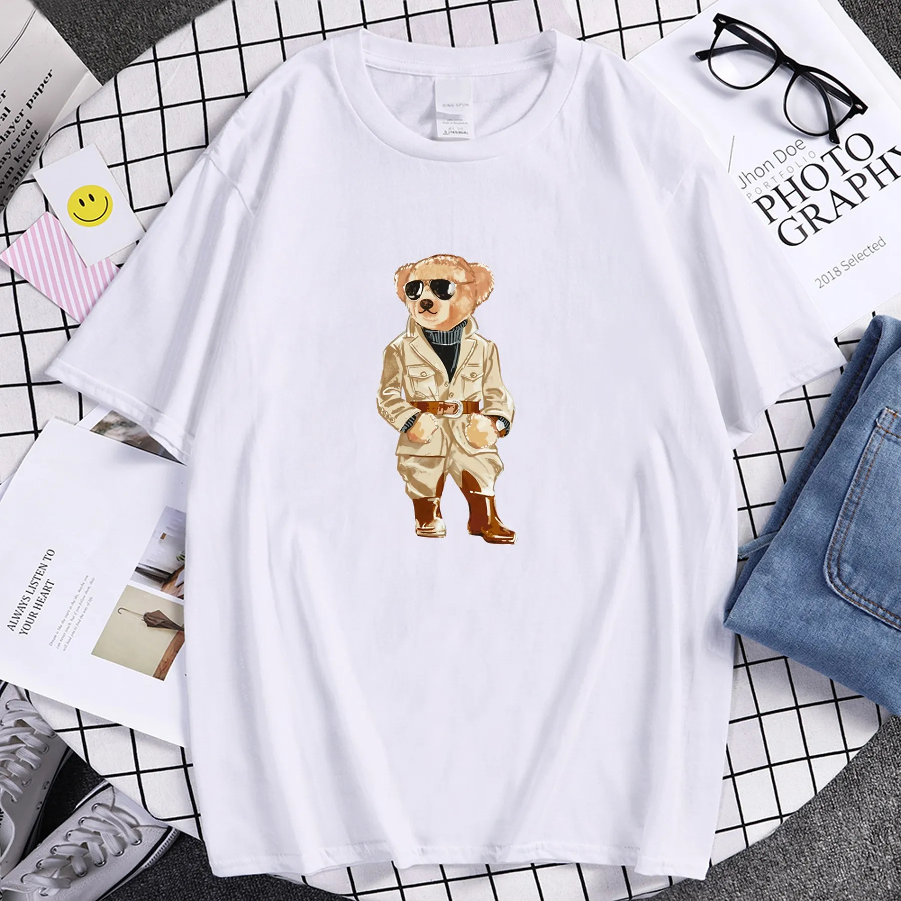 

New Ladies T Shirt Top Quality 100% Cotton Cute Bear Print Casual Loose O Neck T Shirt Ladies T Shirt Cool Top