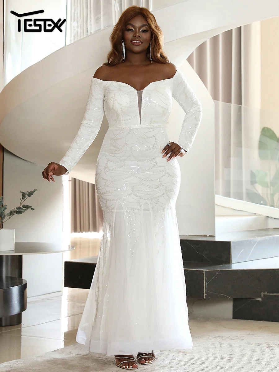 Yesexy Plus Size Off Shoulder Long Sleeve Mermaid Hem Sequin  Bride White Wedding Dress Maxi Dresses