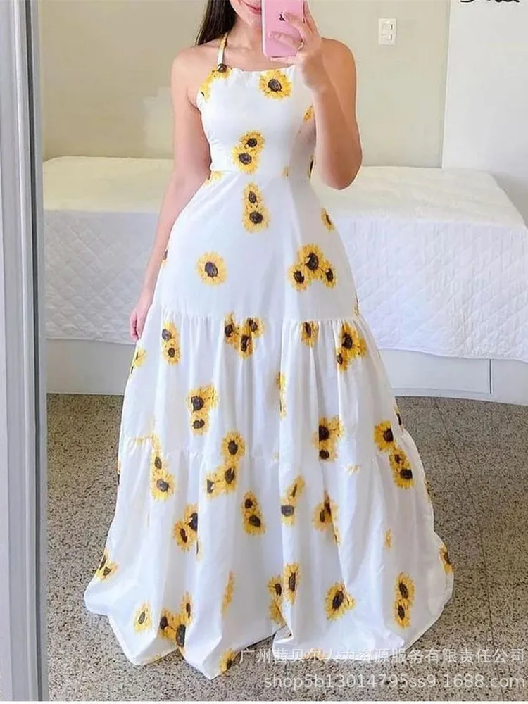 

Mandylandy Women Elegant Bohemian Dress Fashion Female Summer Floral Print Strap Sleeveless High Waist Corset Vacation Dress