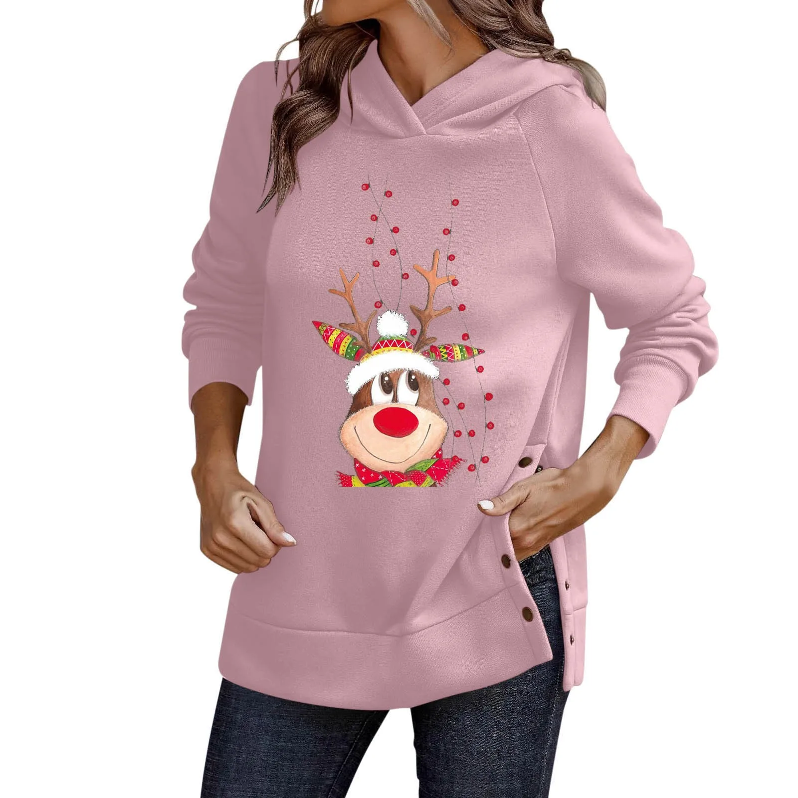 

Половинная рубашка, Женский свитшот с рождественским принтом и капюшоном, длинный пуловер с разрезом на пуговицах, толстовка, женские удобн...