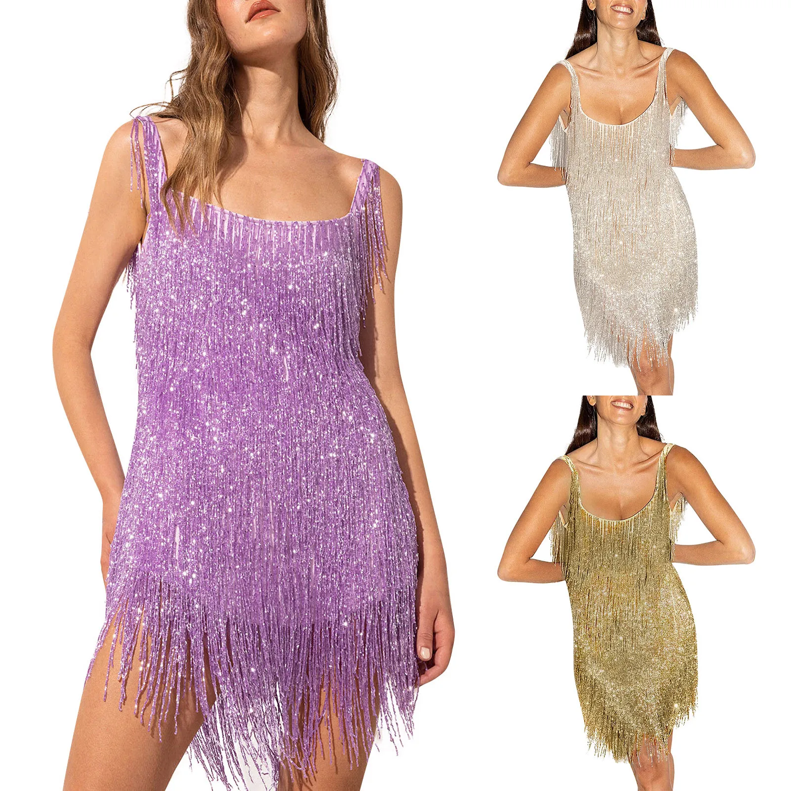 

Clothes For Women Solid Color Sleeveless Sling Tassel Style Dress Slim Sexy Women Party Dress Sexy Open Woman Outfit Vestidos