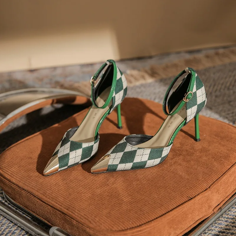 

[sheepskin] Pointed Toe High Heel Shoes Women's Thin Heel 2022 New Metal Color Matching With Hollow Ankle Strap Single Shoes