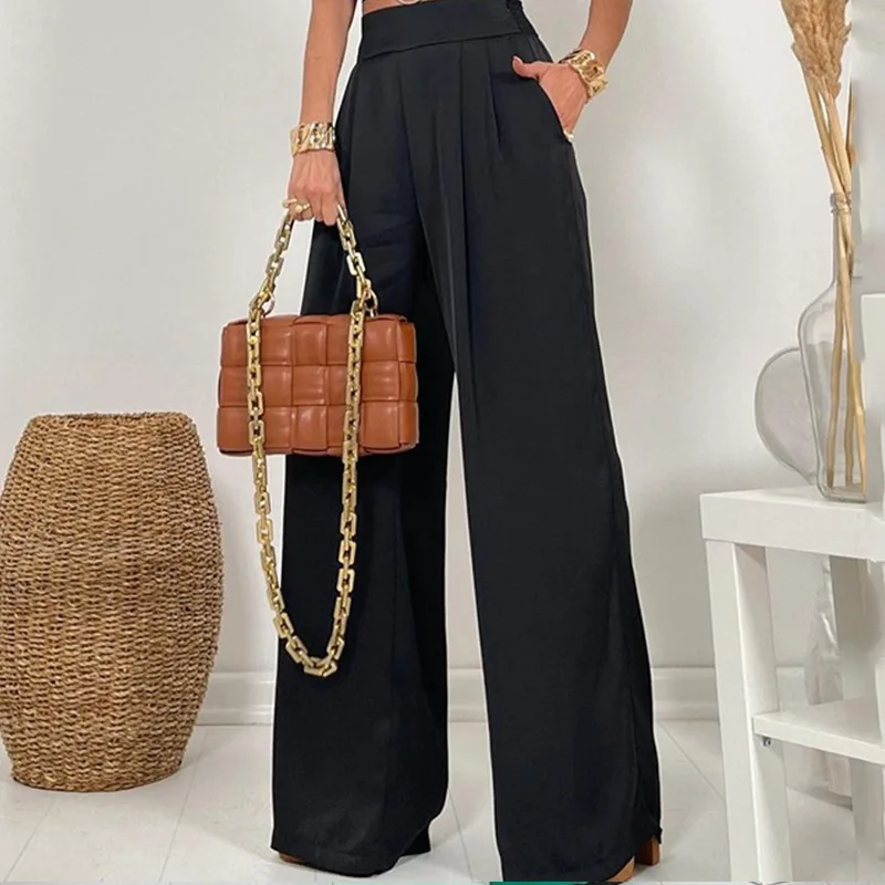 Summer New Women's Two Piece Fashion Solid Tank Top Sleeveless Long Loose Wide Leg Pants Suitable for Advanced Street Clothing