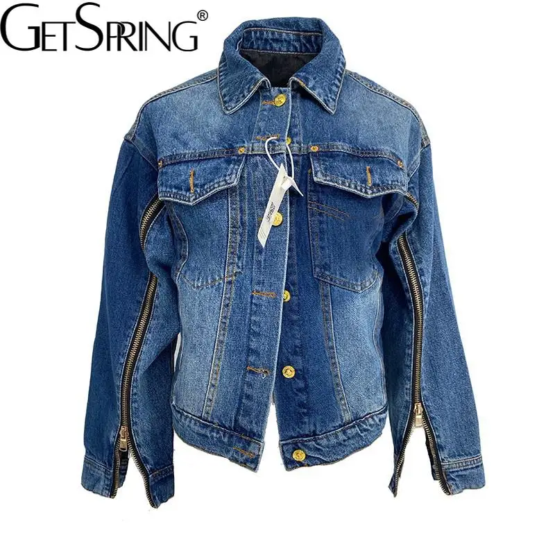 

GetSpring Women Denim Coat Single Breasted Long Sleeve Blue Jean Jacket Zipper Split Fashion Ladies Denim Top Spring 2022 New