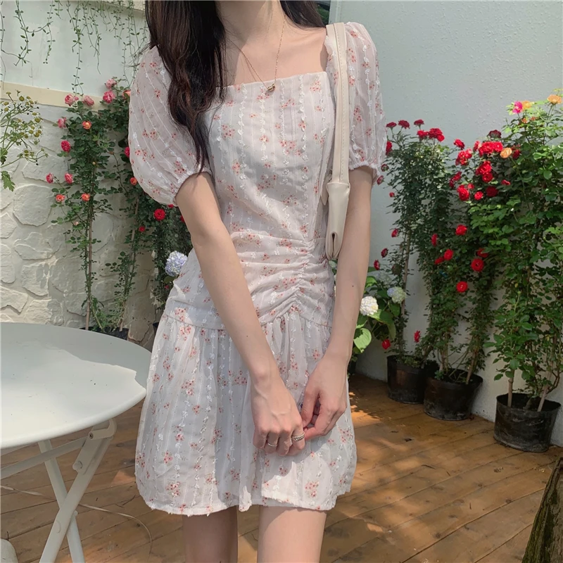 

2022 Summer Dress Women Elegant Kawaii Floral Print Korean Sweet Mini Ladies Dresses Puff Sleeve Pretty Fairy Summer Sundress