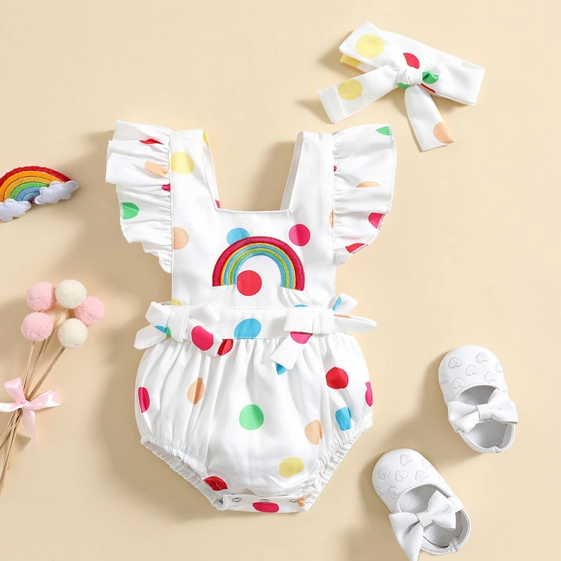 

New Baby Summer Outfit Dots Rainbow Embroidery Square Neck Fly Sleeve Romper+ Headband For Girls 0-24 Months Casual Style Hot