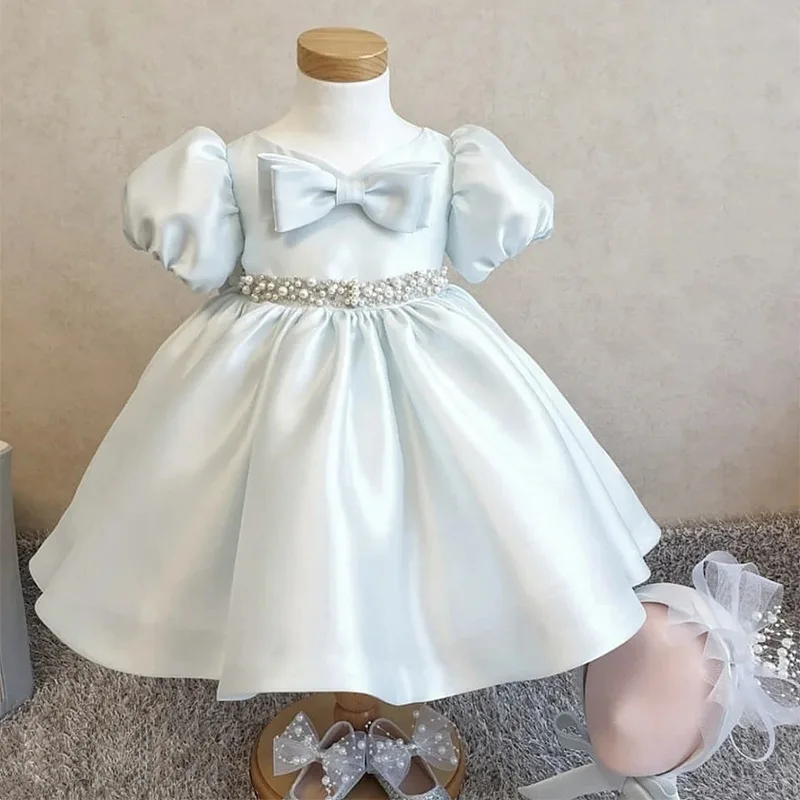 

Bow Design Simple Elegant Ball Gown Princess Dresses O-neck Puff Sleeve Kids Birthday Party Robe Waist Beading Flower Girl Dress
