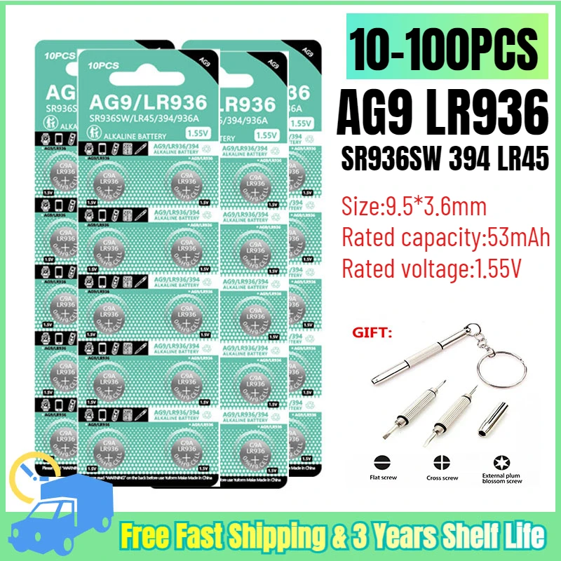 Фото 10-100 шт. AG9 LR936 394 SR936SW CX194 LR45 1,55 В кнопочные батарейки G9A 194 394A SR936 L936F Cell Coin Watch Toys Дистанционная батарея №3
