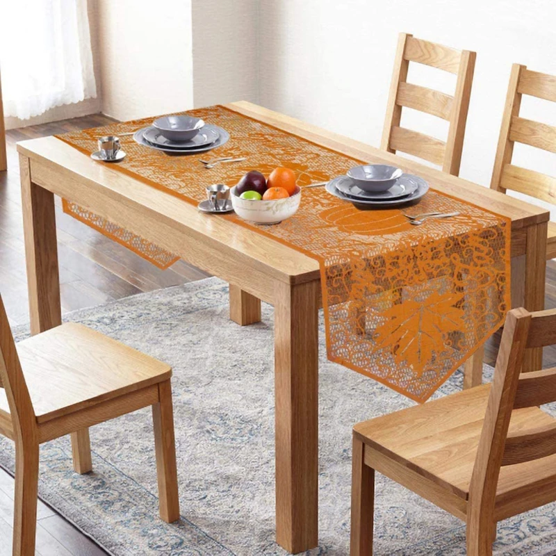 

Maple Leaf Pumpkin Table Runner Thanksgiving Lace Tablecloth For Home Decor Home Party Lace Knitting Mantle Cloth Ornament