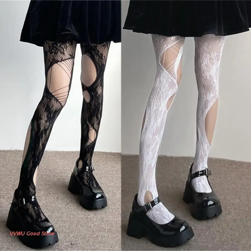 

Harajuku Gothic Sexy Sheer Fishnet Tights Irregular Cutout Holes Rose Pantyhose
