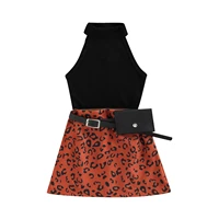 cute kids baby girls clothing summer cotton casual suit solid color sleeveless tops leopard printed short skirts with belt