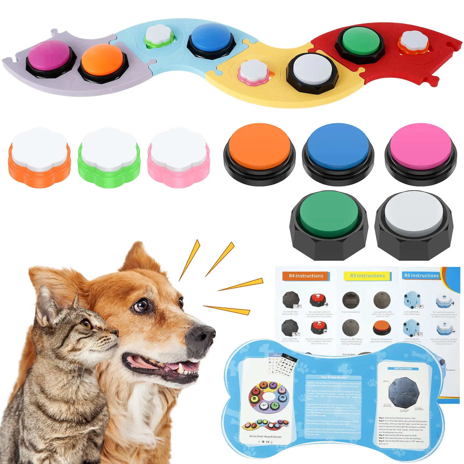 

L 8Pcs Dog Button with EVA Mat and Sticker Colorful Pet Talking Buzzer Button Battery Operated Dog Recordable Training Button