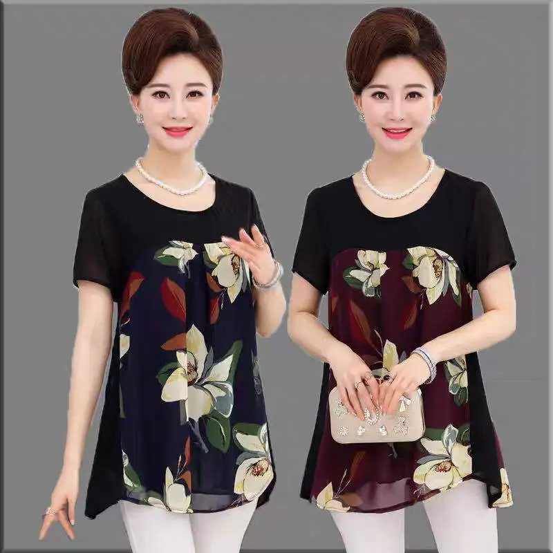 

2022 Summer Middle Aged Women Chiffon Blouses Shirts Casual Short Sleeve O-Neck Floral Print Blouse Fashion Blusas Tops M71