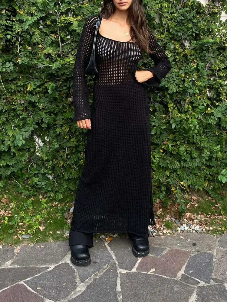 

Платье женское трикотажное с длинным рукавом, пикантное облегающее вечернее пляжное платье с вырезами, черный цвет, лето 2022