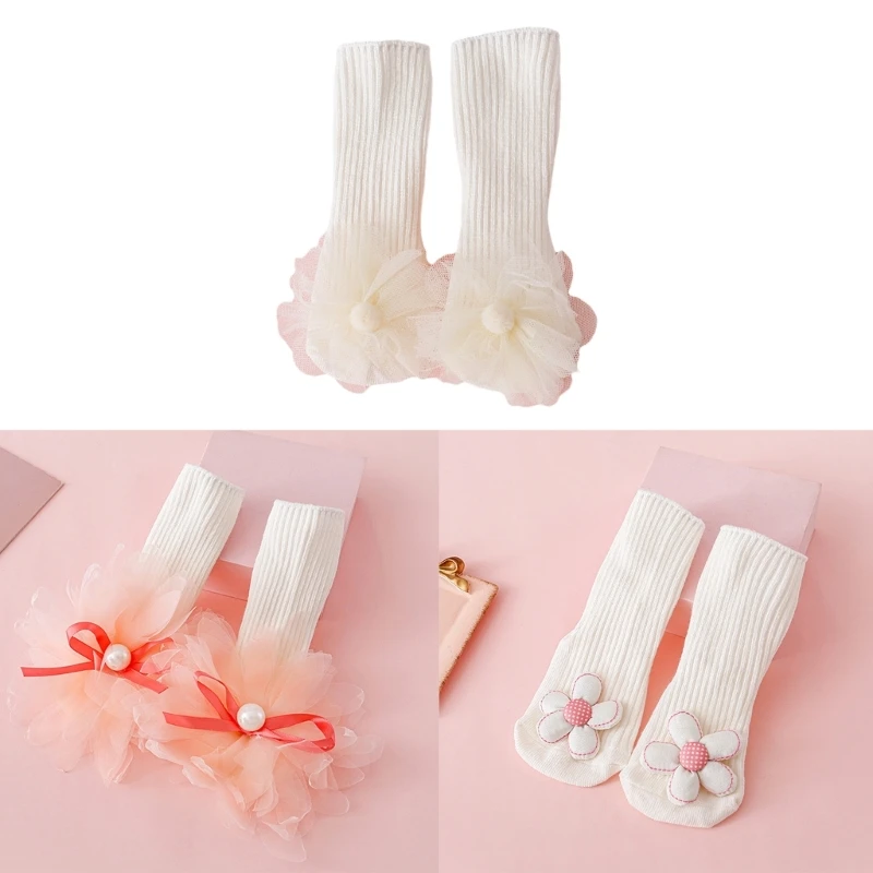 

2Pcs/set Baby Socks Flower Non-Slip Socks for 0-24M Infant Girls Newborn Children Socks with Lace Bowknot Decorations QX2D