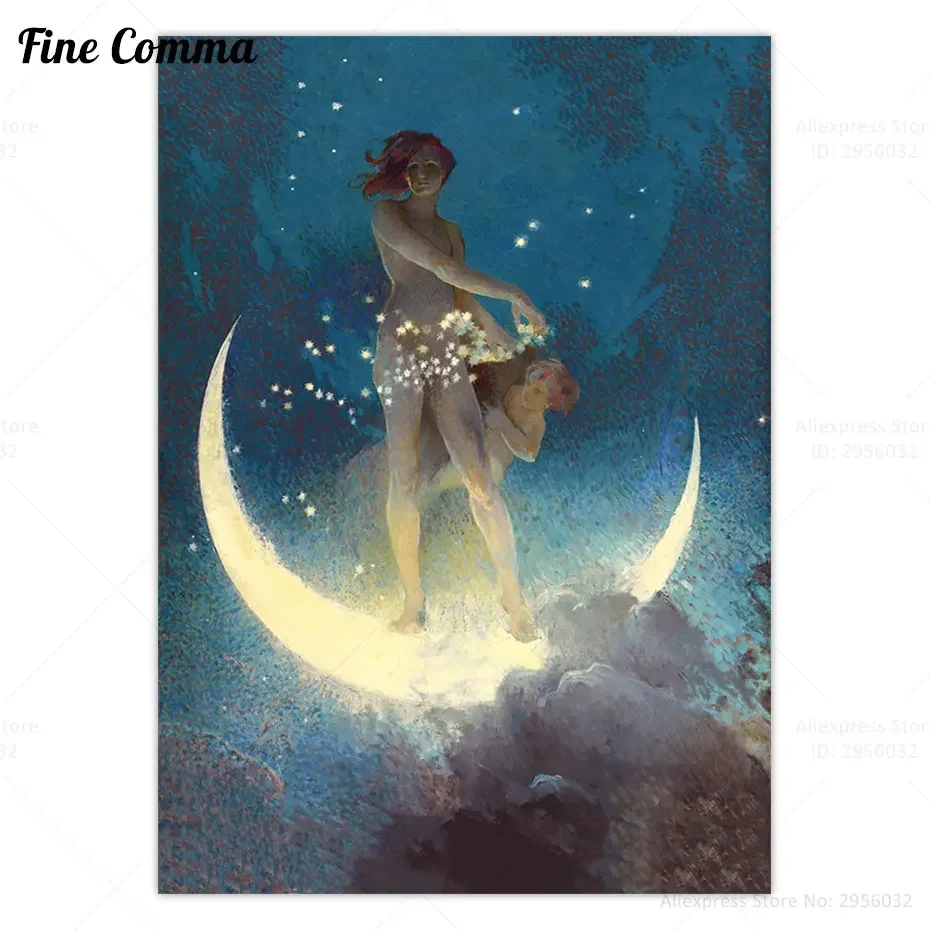

Настенный постер Moon Goodess, винтажный постер в стиле небесно-голубого цвета, рассеивание весны, звезд, ночного полумесяца, Луны, холст, декоративная живопись