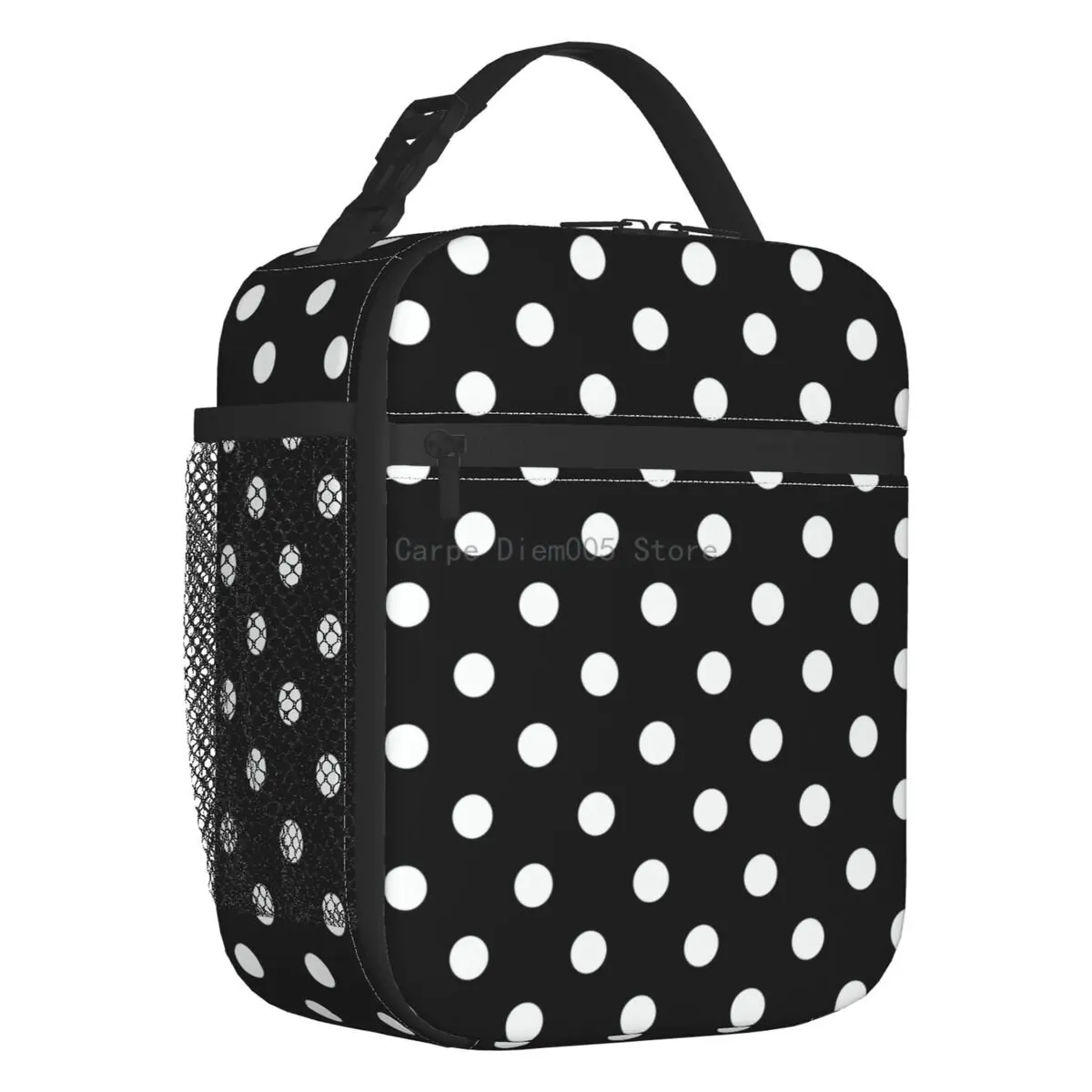 

Black And White Polka Dot Insulated Lunch Bag for Women Portable Cooler Thermal Lunch Tote Kids School Children