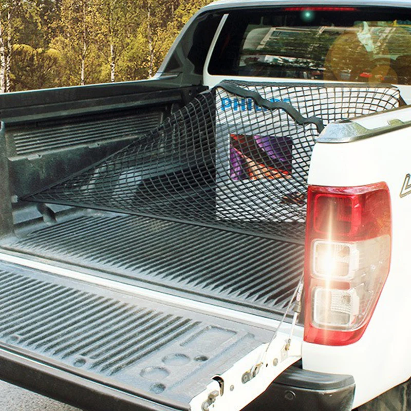 

QHCP Car Truck Luggage Mesh Storage Bag Organizer Pick-up Trunk Carrier Cargo Basket Elasticated Net Fit For Ford F150 Accessory