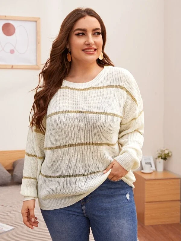 

2023 Women Jumper Retro long Sleeve Bright Silk Stitching Loose Striped Pullover Sweaters Women All-match Loose Top Knitwear