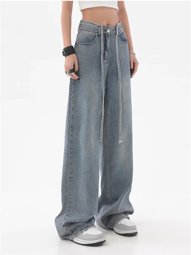 

QWEEK 90s Vintage Blue Jeans Women Hip Hop Streetwear Punk Retro Baggy Denim Pants Oversize High Street Casual Wide Leg Trousers