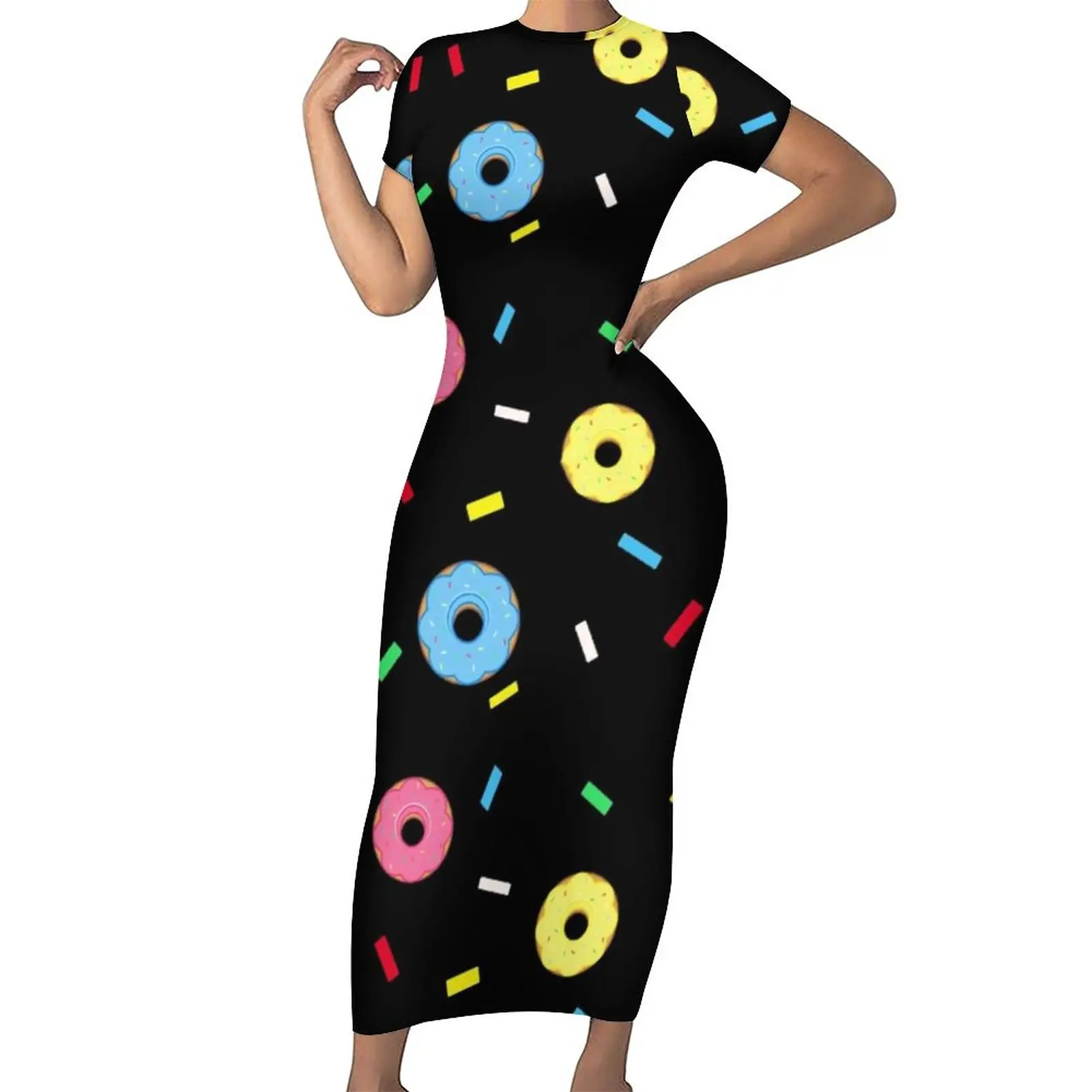 

Doughnut Pattern Dress Short Sleeve Sweet Food Print Aesthetic Maxi Dresses Elegant Bodycon Dress Women Graphic Oversize Vestido