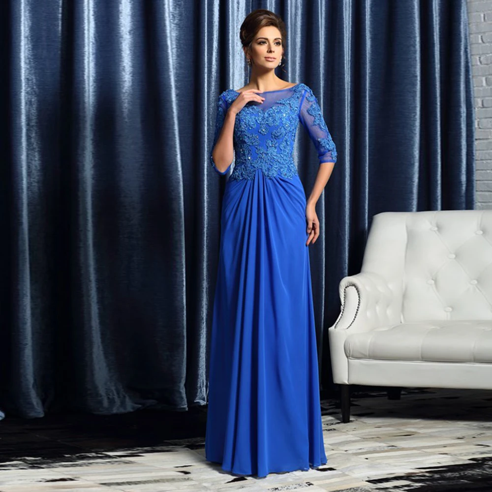 

Chic Mother Of The Bride Dresses For Woman Half Sleeves Applique Floor Length Wedding Guest Party Scoop Neck Vestido De Novia