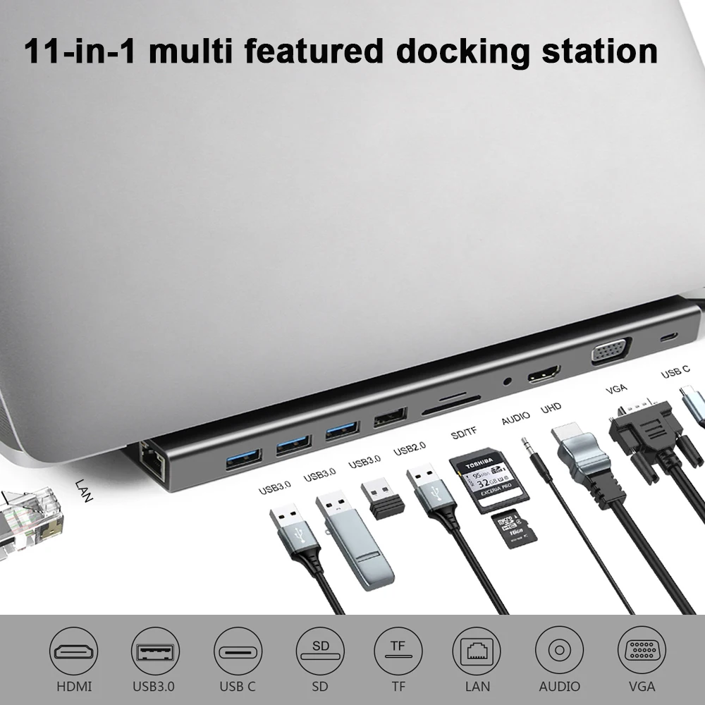

11 в 1 USB C HUB для Macbook Pro USB-C Тип C HUB to 4KHD VGA RJ45 SD/TF Multi порты USB 3.0 Type-c HUB с PD адаптером питания
