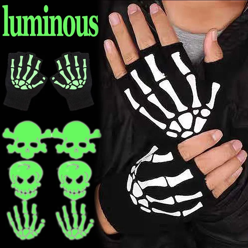 

Skeleton Gloves Noctilucent Halloween Role-playing Prop Half Finger Mittens Winter Knitting Trend Men Women Clothing Accessories