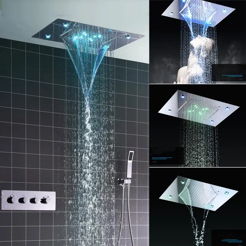 

Concealed waterfall style water outlet bathroom set with constant temperature LED light automatic color changing shower top spra