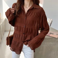 the new 2022 spring retro elegant womens flared sleeve top loose and versatile bottoming shirt casual long sleeve lapel women