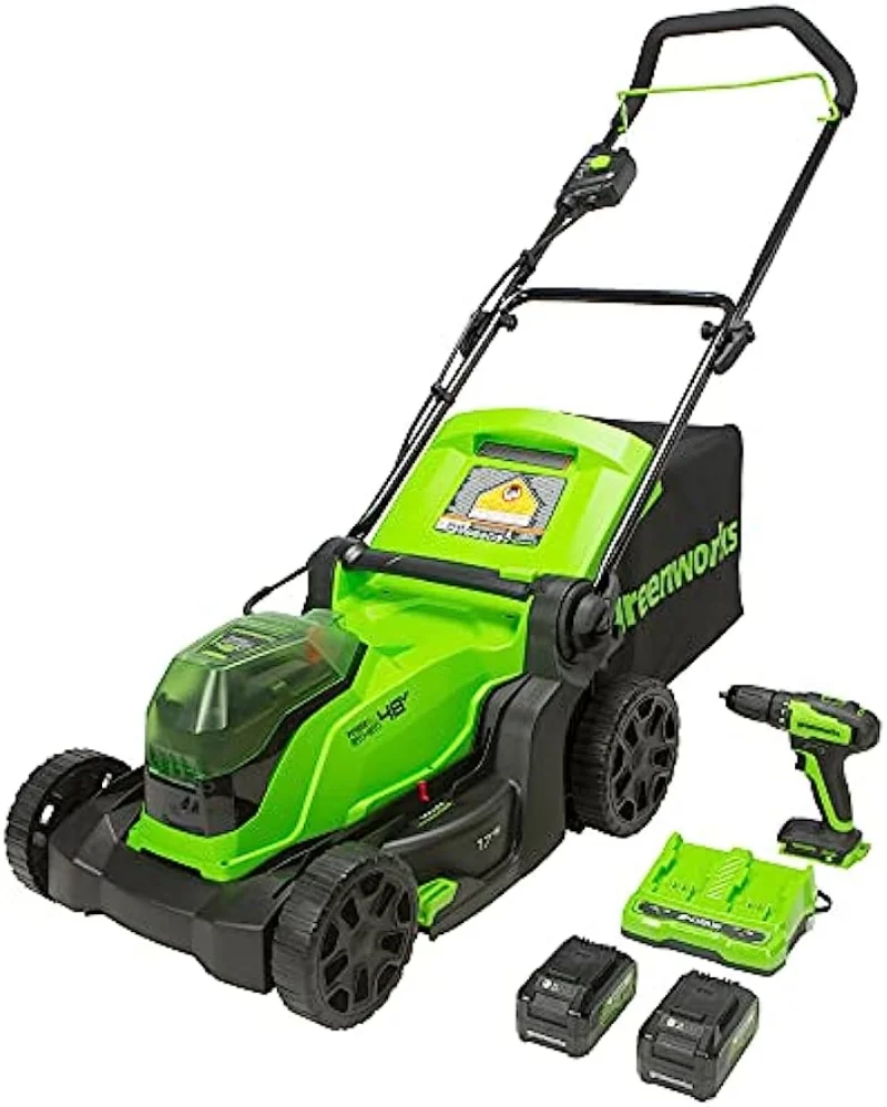

Greenworks 48V 17" Brushless Cordless Lawn Mower + 24V Drill / Driver, (2) 4.0Ah USB Batteries (USB Hub) and Dual Port Rapid