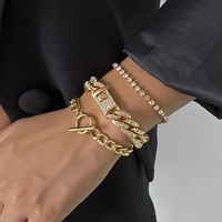 gd hip hop 3pcsset iced out cuban link chain bracelet for women set gold silver color bling rhinestone bracelet jewelry